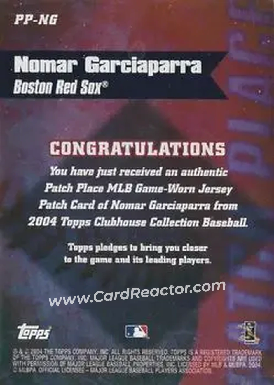 2004 Topps Clubhouse Collection - Patch Place Relics #PP-NG - Nomar Garciaparra - Boston Red Sox - Back