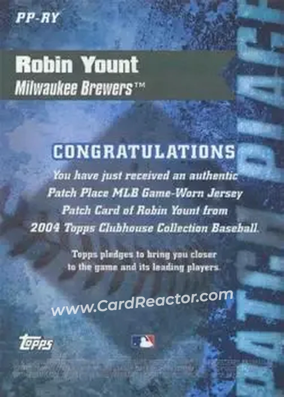 2004 Topps Clubhouse Collection - Patch Place Relics #PP-RY - Robin Yount - Milwaukee Brewers - Back