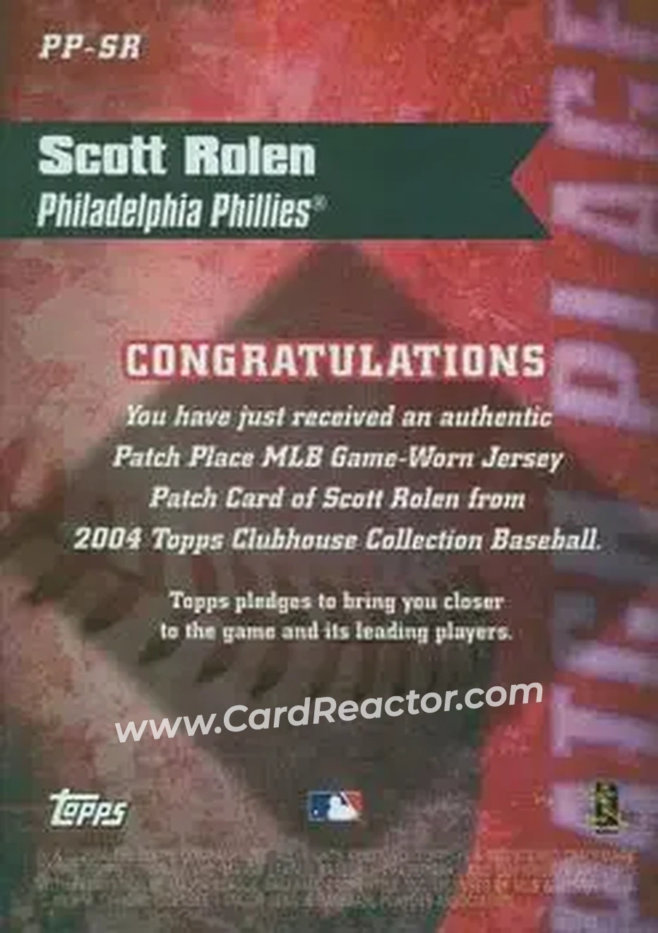 2004 Topps Clubhouse Collection - Patch Place Relics #PP-SR - Scott Rolen - Philadelphia Phillies - Back