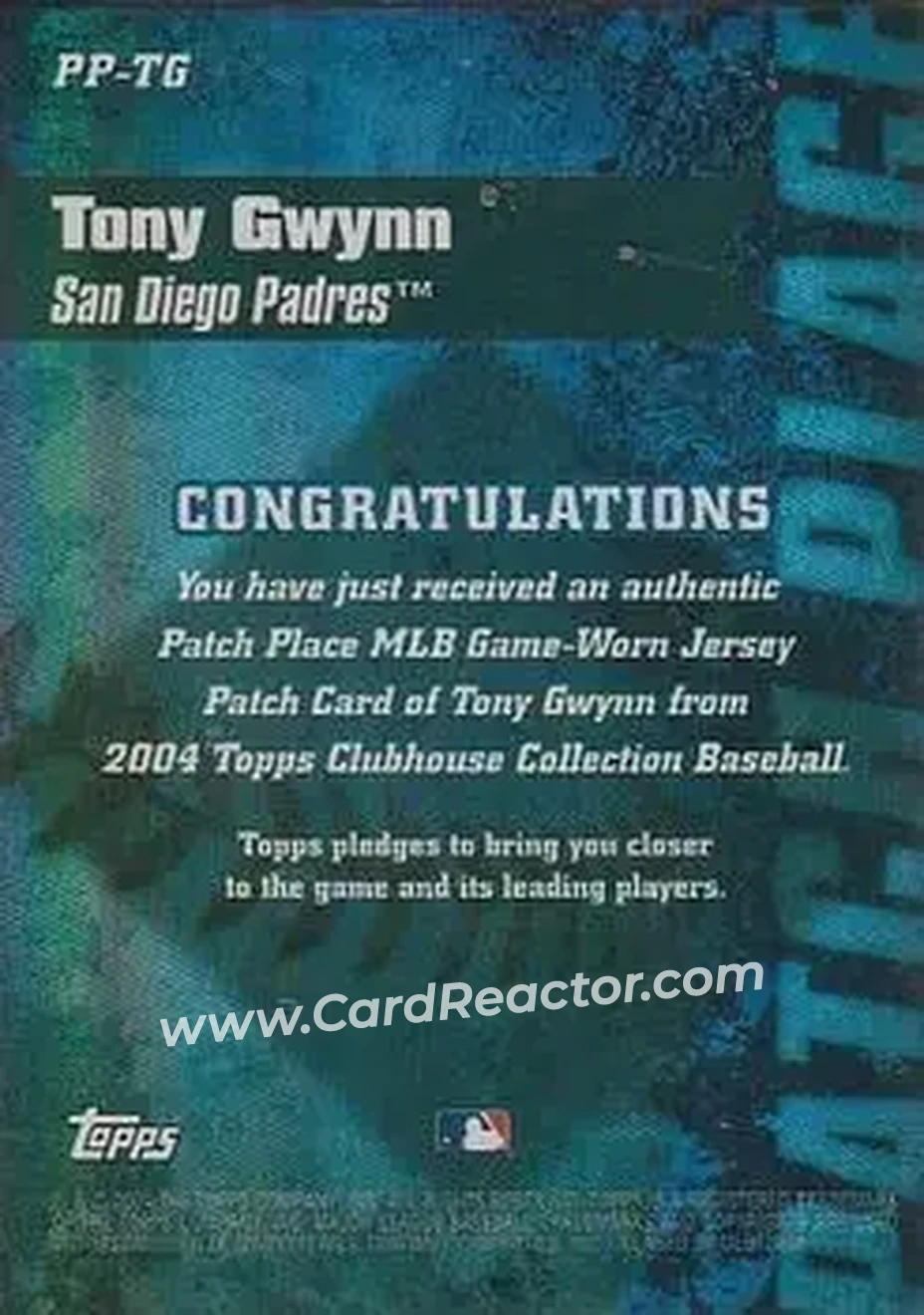 2004 Topps Clubhouse Collection - Patch Place Relics #PP-TG - Tony Gwynn - San Diego Padres - Back