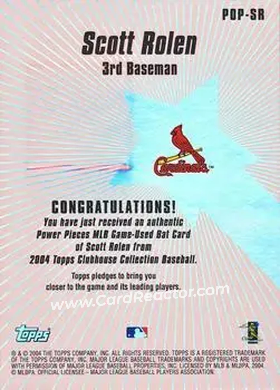 2004 Topps Clubhouse Collection - Power Pieces Relics #POP-SR - Scott Rolen - St. Louis Cardinals - Back