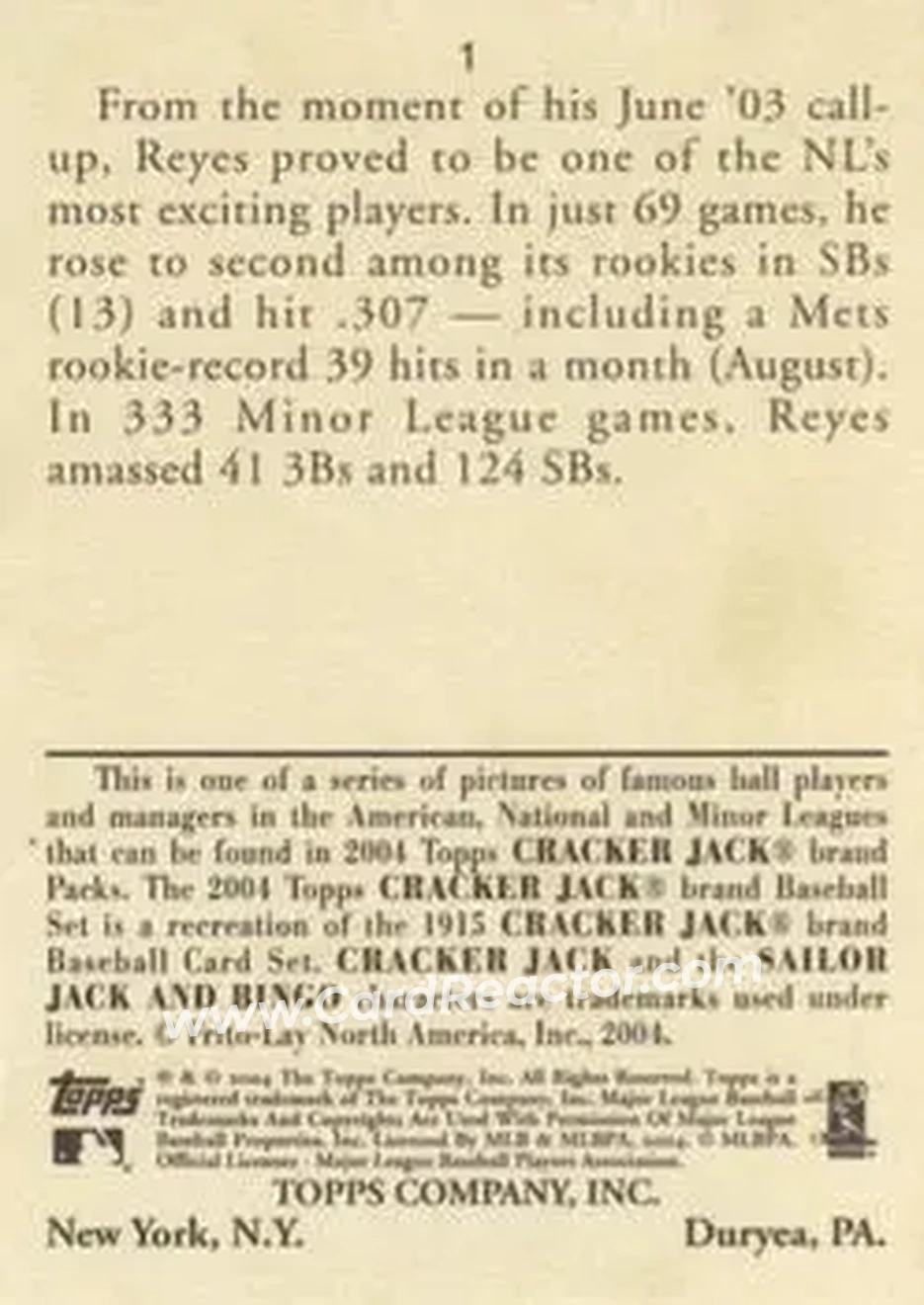 2004 Topps Cracker Jack #1 - Jose Reyes - New York Mets - Back