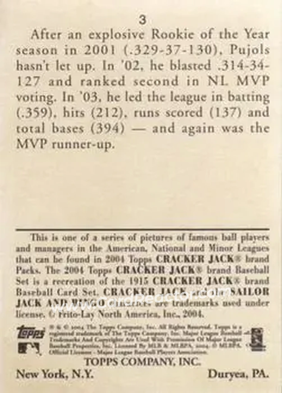 2004 Topps Cracker Jack #3 - Albert Pujols - St. Louis Cardinals - Back