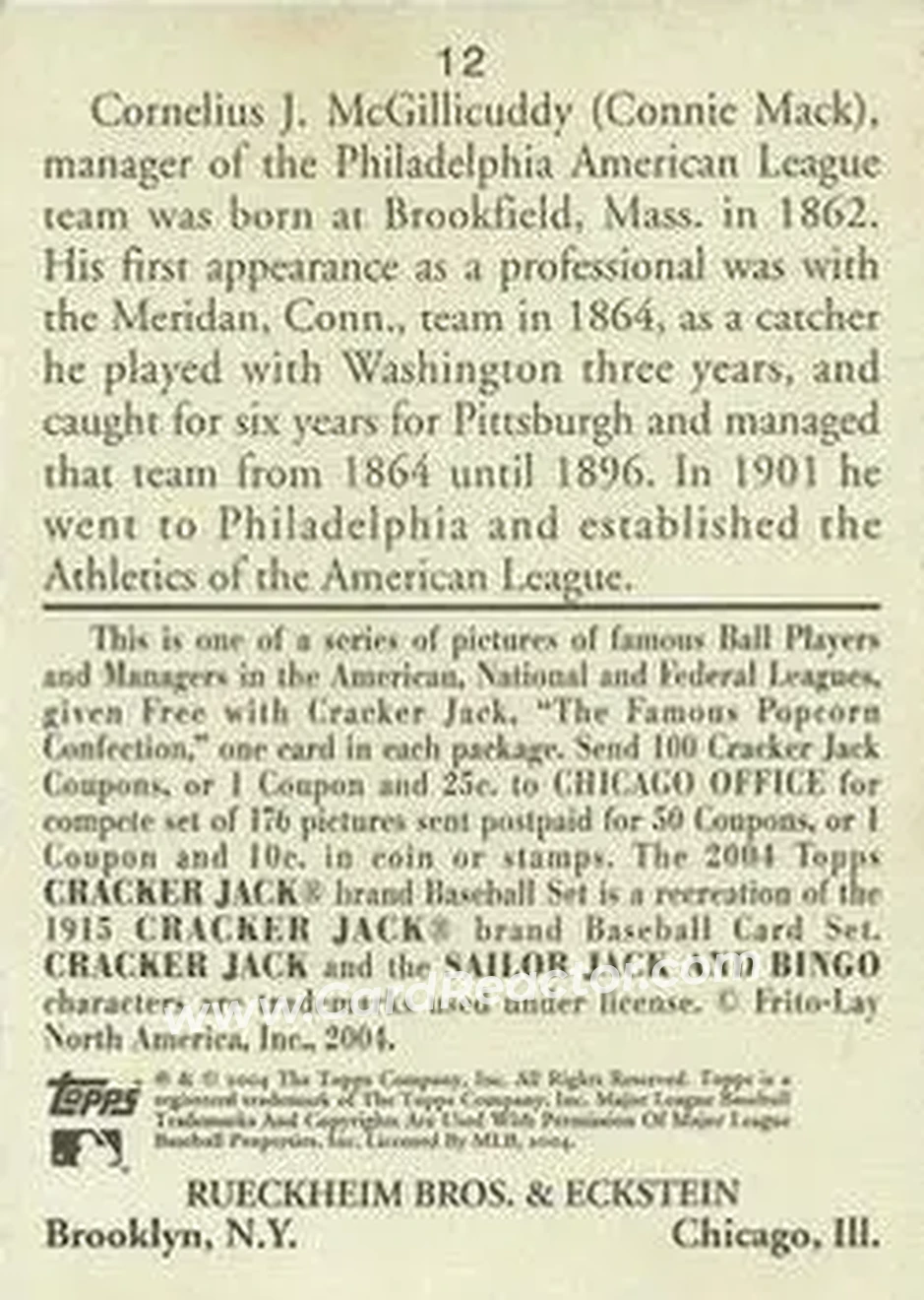 2004 Topps Cracker Jack #12 - Connie Mack - Philadelphia Athletics - Back