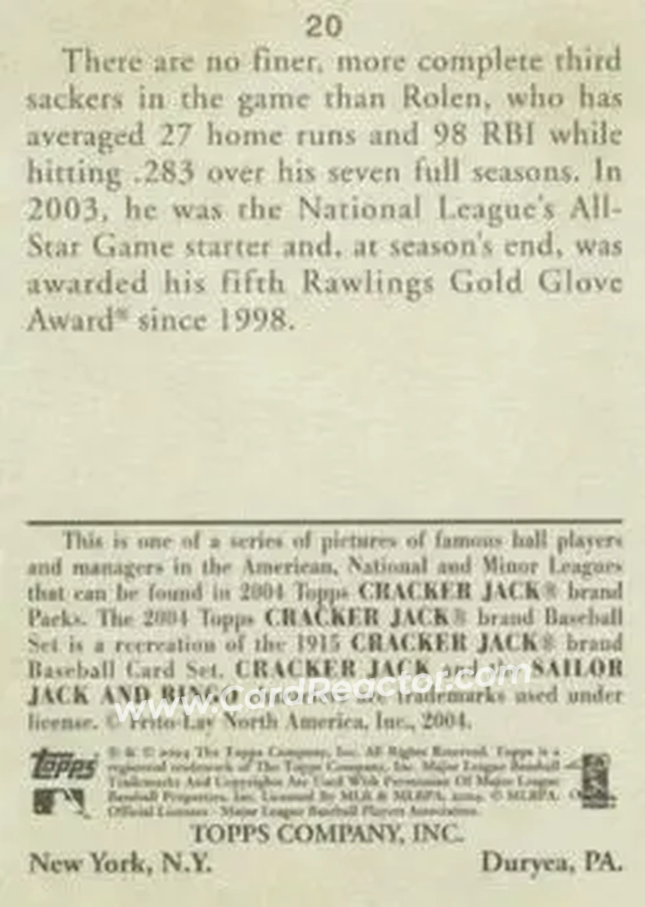 2004 Topps Cracker Jack #20 - Scott Rolen - St. Louis Cardinals - Back
