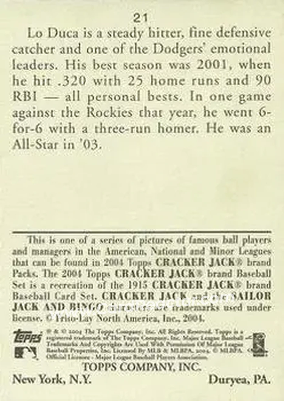 2004 Topps Cracker Jack #21 - Paul Lo Duca - Los Angeles Dodgers - Back