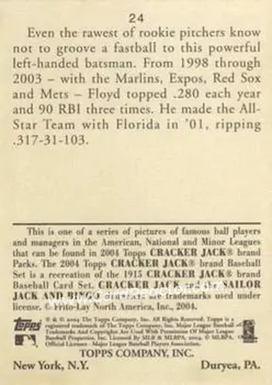 2004 Topps Cracker Jack #24 - Cliff Floyd - New York Mets - Back