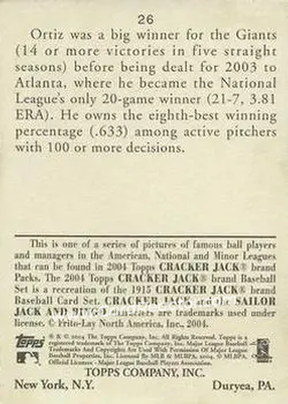 2004 Topps Cracker Jack #26 - Russ Ortiz - Atlanta Braves - Back 2004 Topps Cracker Jack #26 - Russ Ortiz - Atlanta Braves - Back