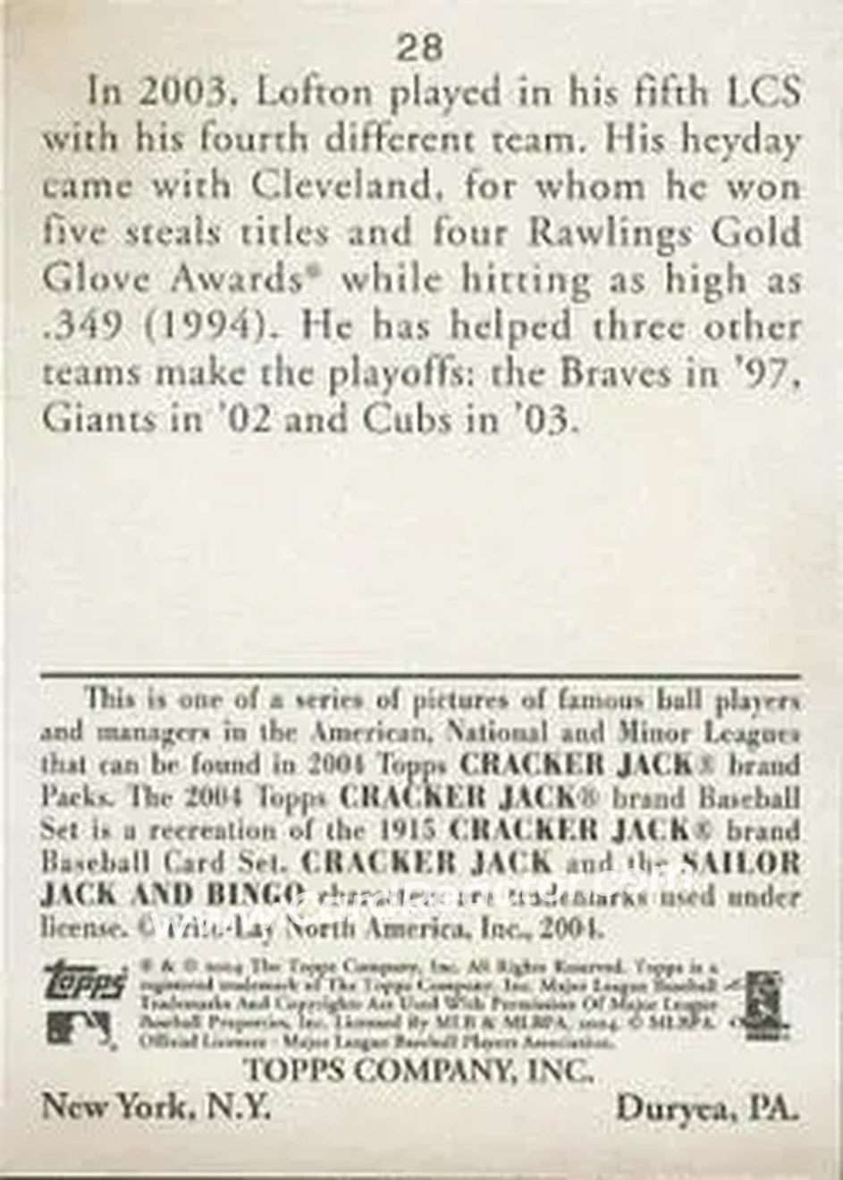2004 Topps Cracker Jack #28 - Kenny Lofton - New York Yankees - Back