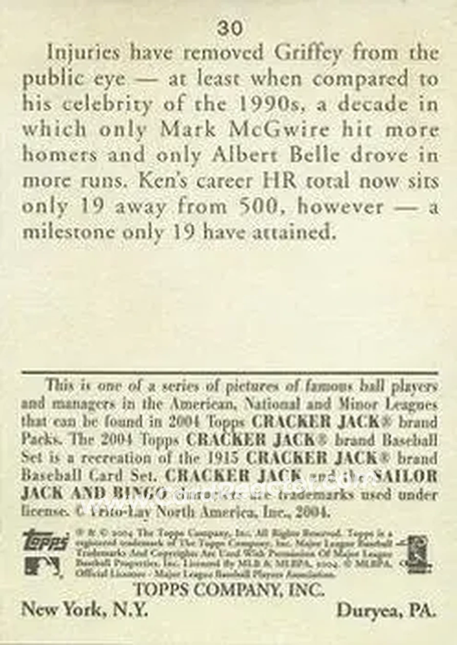 2004 Topps Cracker Jack #30 - Ken Griffey Jr. - Cincinnati Reds - Back