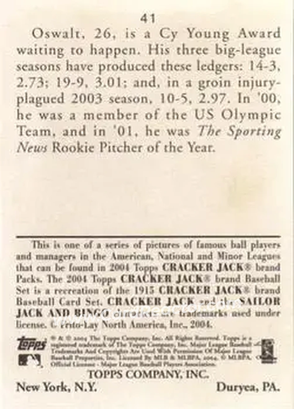 2004 Topps Cracker Jack #41 - Roy Oswalt - Houston Astros - Back