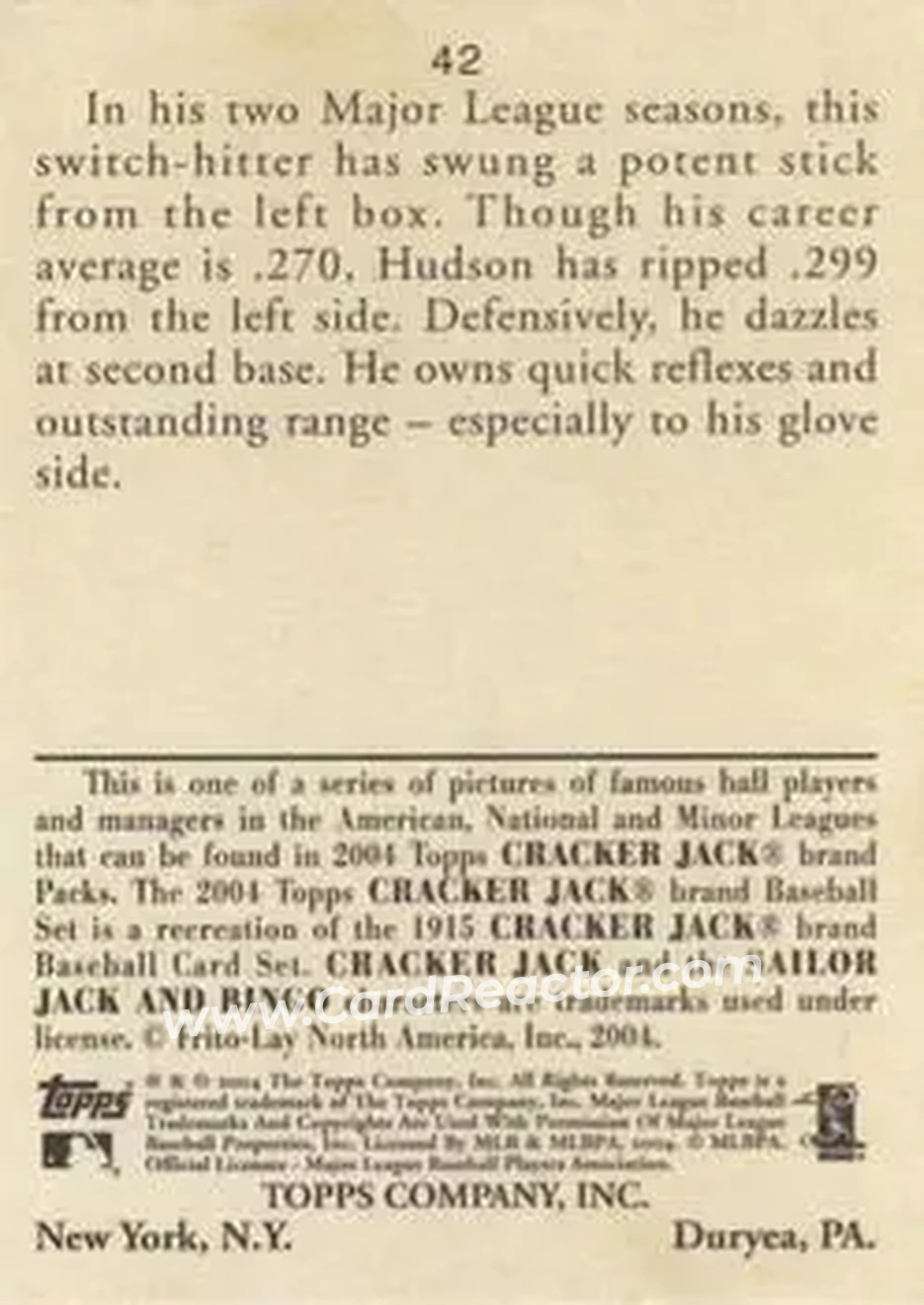 2004 Topps Cracker Jack #42 - Orlando Hudson - Toronto Blue Jays - Back