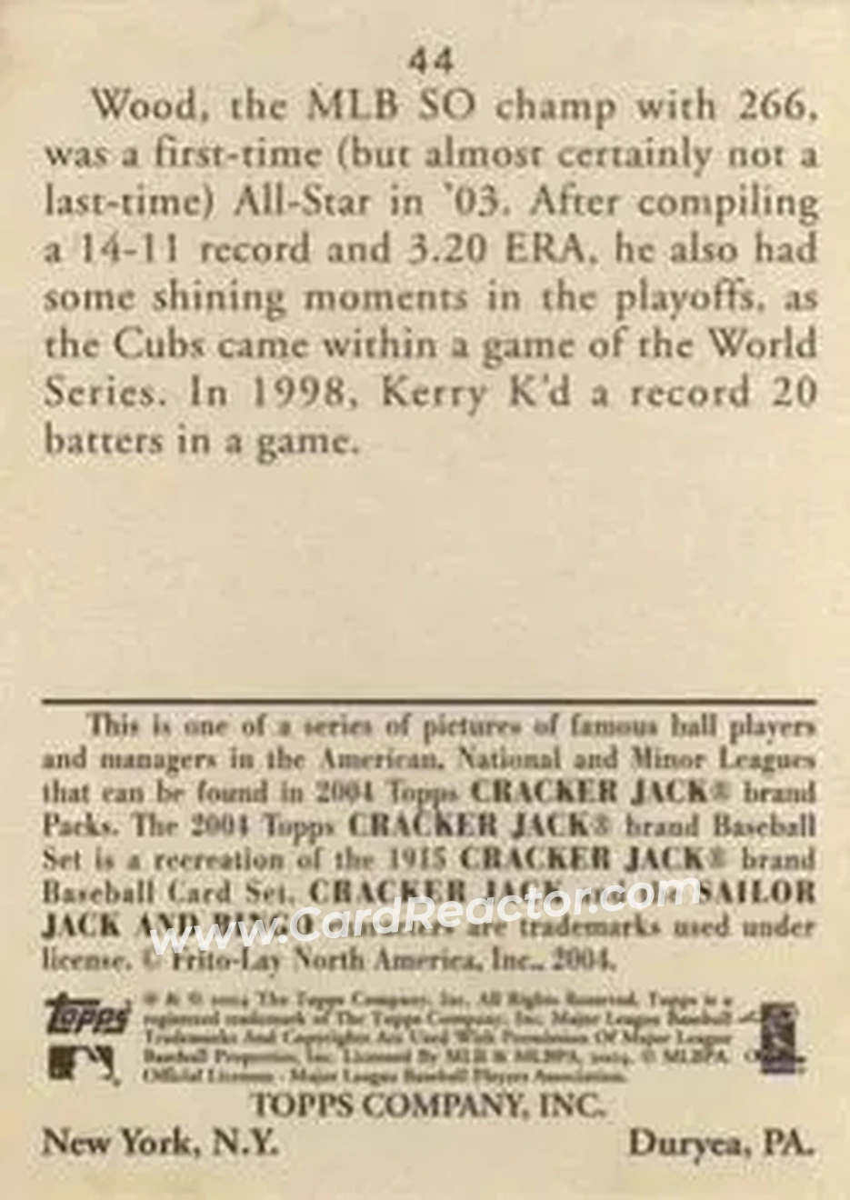 2004 Topps Cracker Jack #44 - Kerry Wood - Chicago Cubs - Back