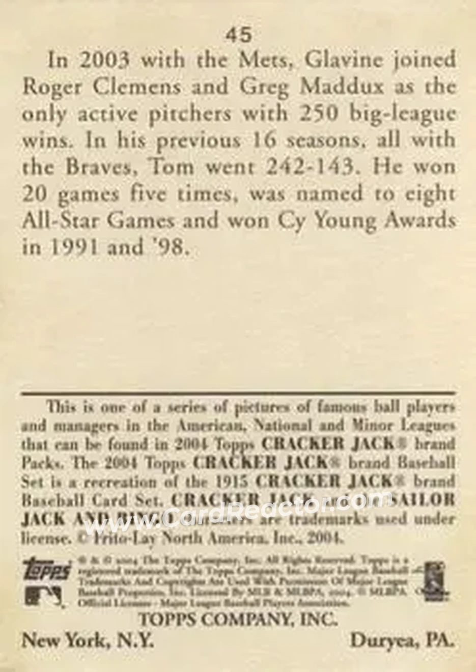 2004 Topps Cracker Jack #45 - Tom Glavine - New York Mets - Back