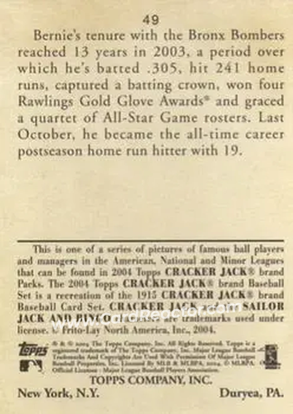 2004 Topps Cracker Jack #49 - Bernie Williams - New York Yankees - Back