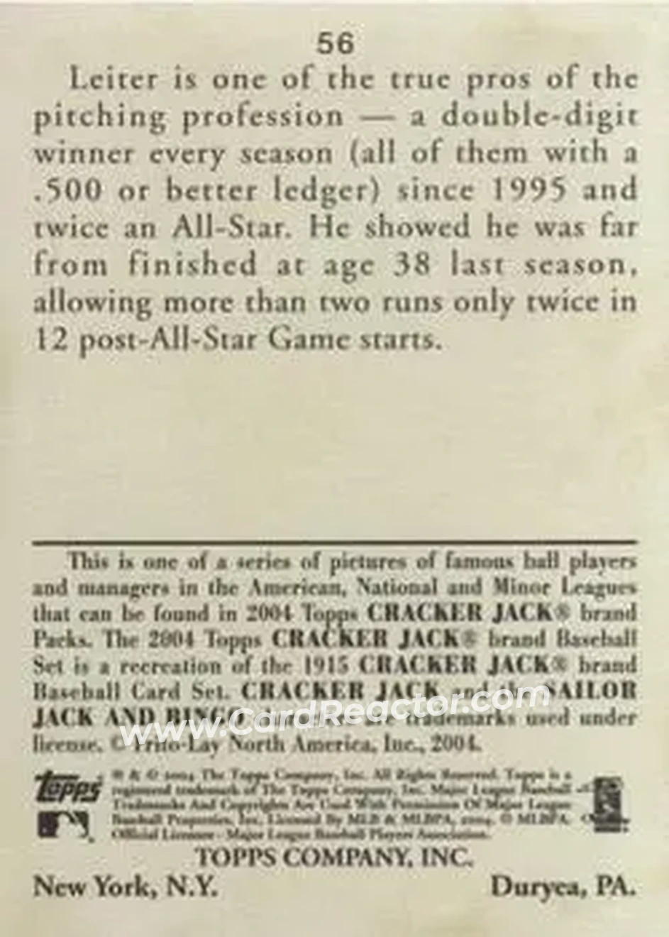 2004 Topps Cracker Jack #56 - Al Leiter - New York Mets - Back