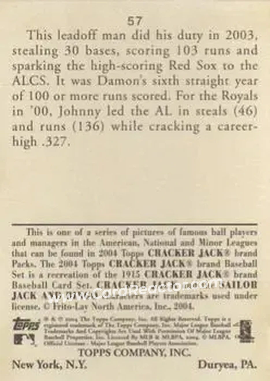 2004 Topps Cracker Jack #57 - Johnny Damon - Boston Red Sox - Back