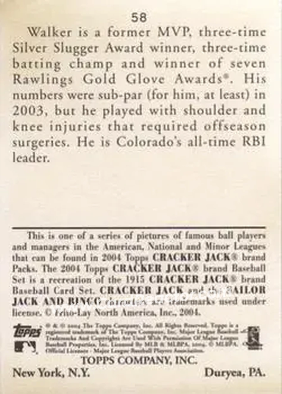 2004 Topps Cracker Jack #58 - Larry Walker - Colorado Rockies - Back
