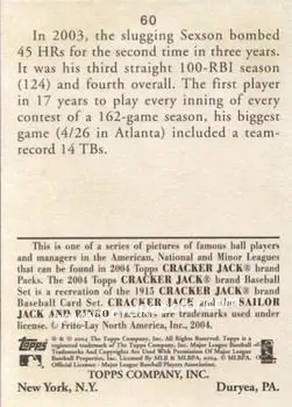 2004 Topps Cracker Jack #60 - Richie Sexson - Arizona Diamondbacks - Back