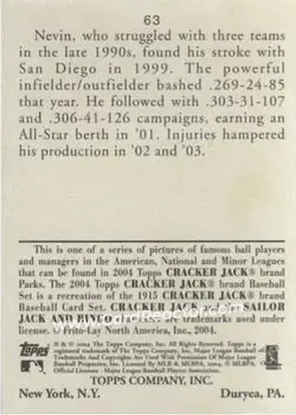 2004 Topps Cracker Jack #63 - Phil Nevin - San Diego Padres - Back