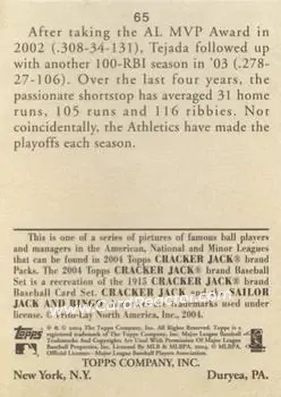 2004 Topps Cracker Jack #65 - Miguel Tejada - Baltimore Orioles - Back