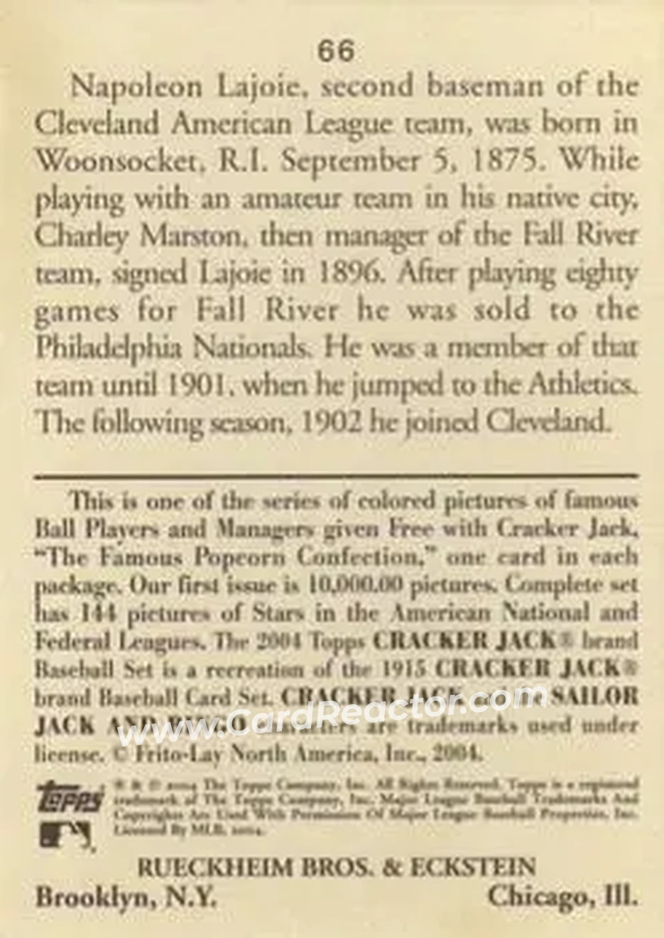 2004 Topps Cracker Jack #66a - Nap Lajoie - Cleveland Naps - Back