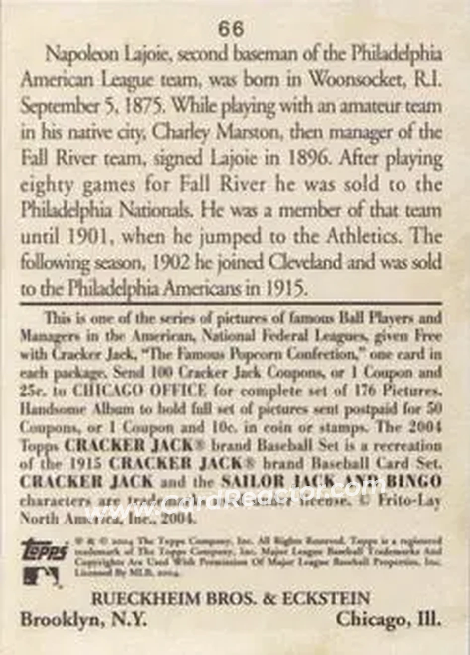 2004 Topps Cracker Jack #66b - Nap Lajoie - Philadelphia Athletics - Back