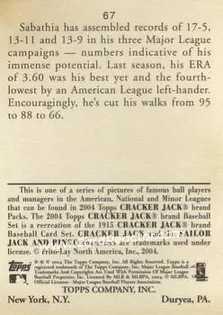 2004 Topps Cracker Jack #67 - CC Sabathia - Cleveland Indians - Back