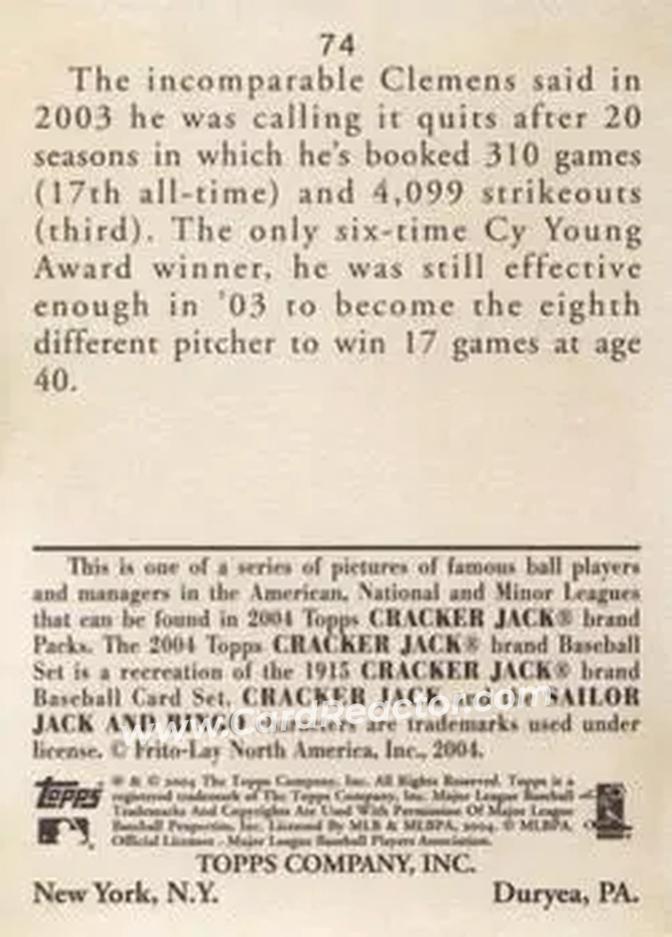 2004 Topps Cracker Jack #74 - Roger Clemens - Houston Astros - Back