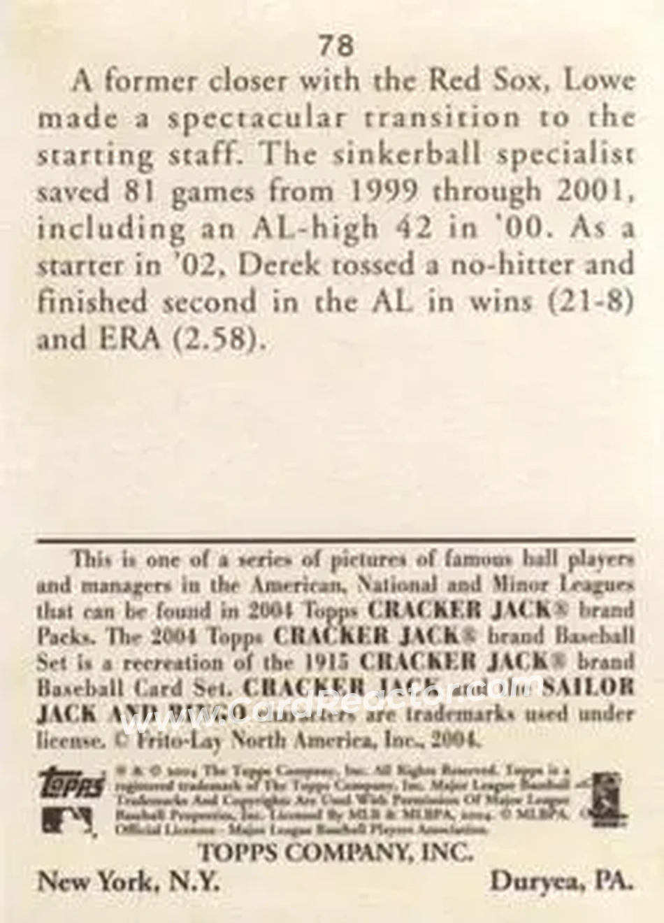 2004 Topps Cracker Jack #78 - Derek Lowe - Boston Red Sox - Back
