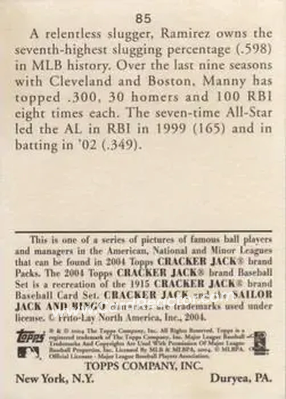 2004 Topps Cracker Jack #85 - Manny Ramirez - Boston Red Sox - Back
