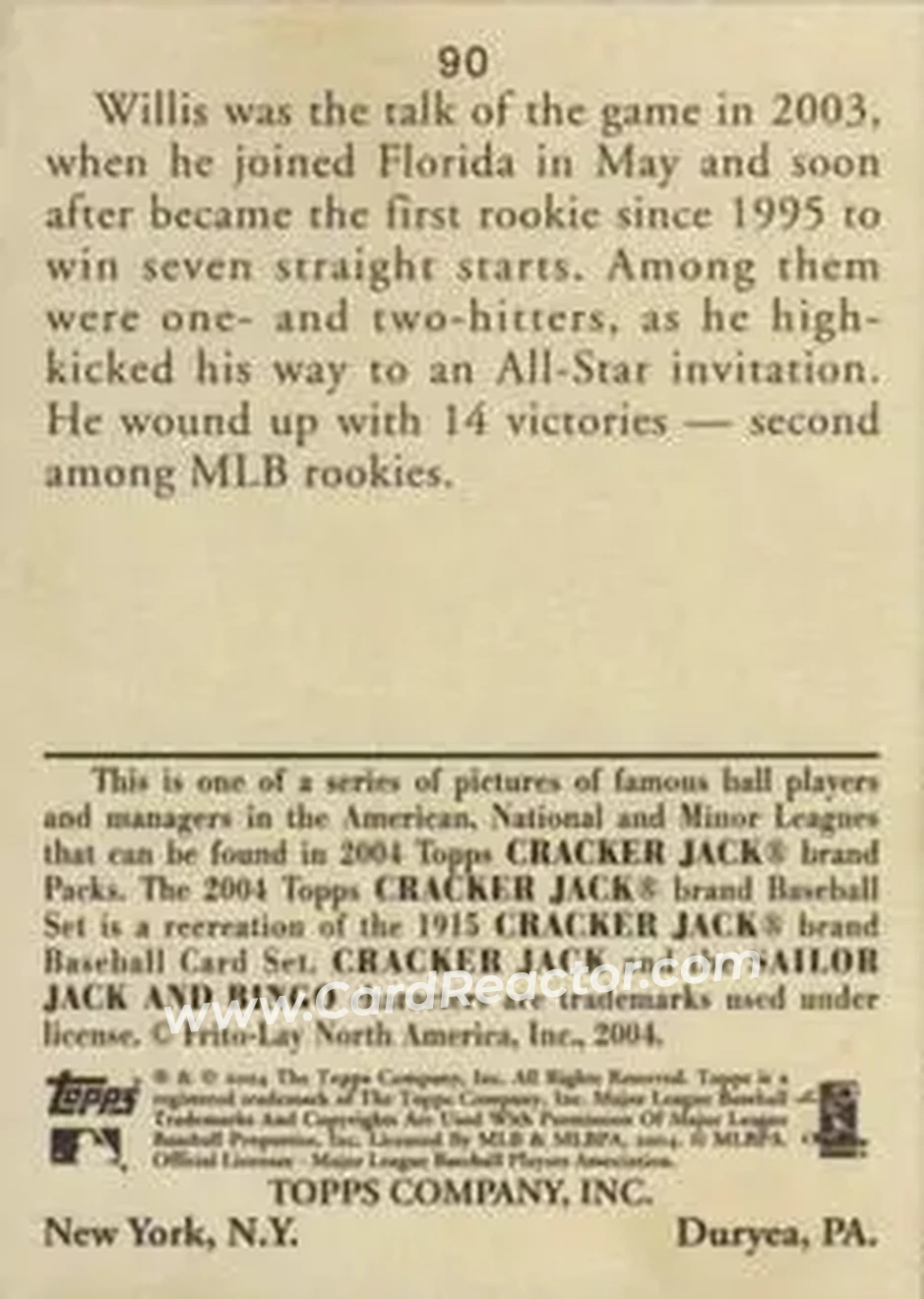 2004 Topps Cracker Jack #90 - Dontrelle Willis - Florida Marlins - Back