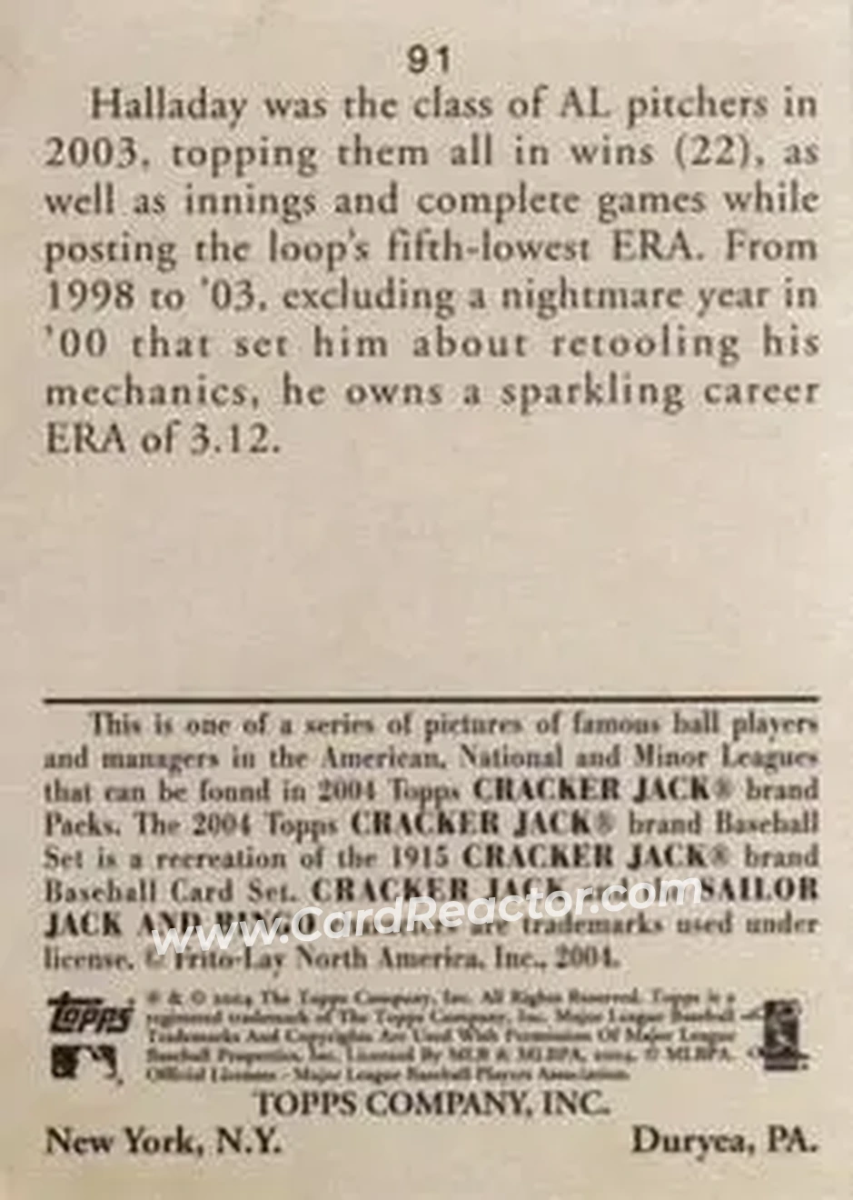 2004 Topps Cracker Jack #91 - Roy Halladay - Toronto Blue Jays - Back