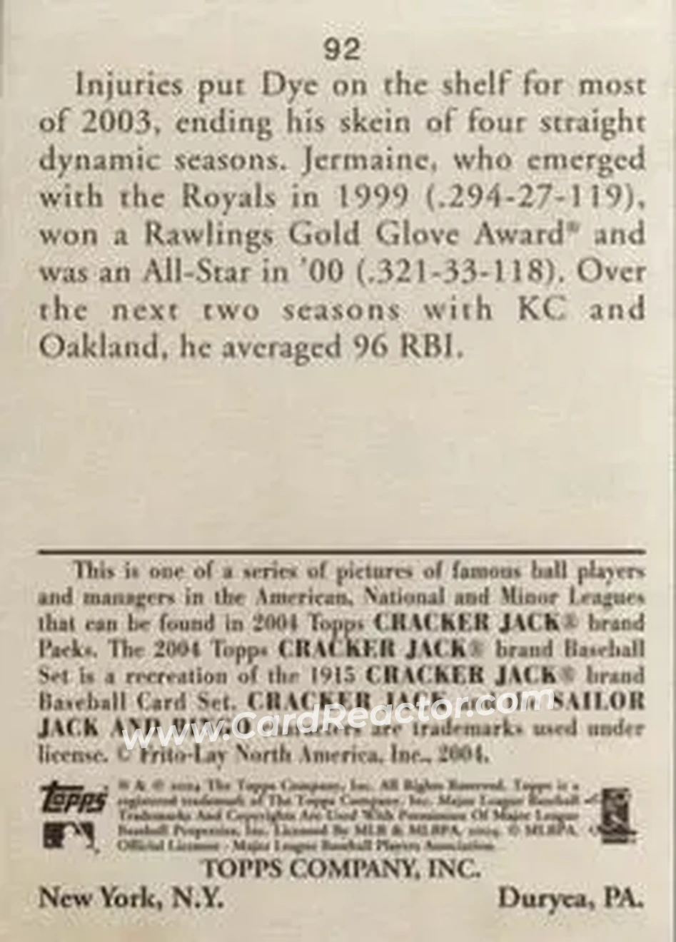 2004 Topps Cracker Jack #92 - Jermaine Dye - Oakland Athletics - Back