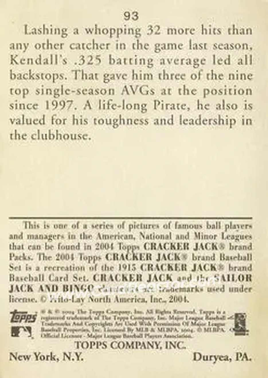 2004 Topps Cracker Jack #93 - Jason Kendall - Pittsburgh Pirates - Back