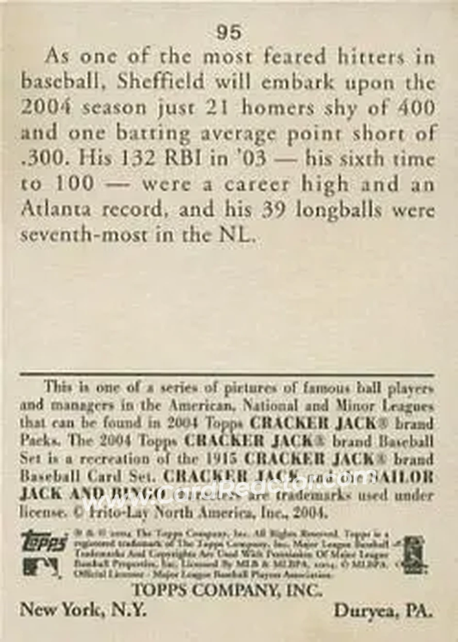 2004 Topps Cracker Jack #95 - Gary Sheffield - Atlanta Braves - Back