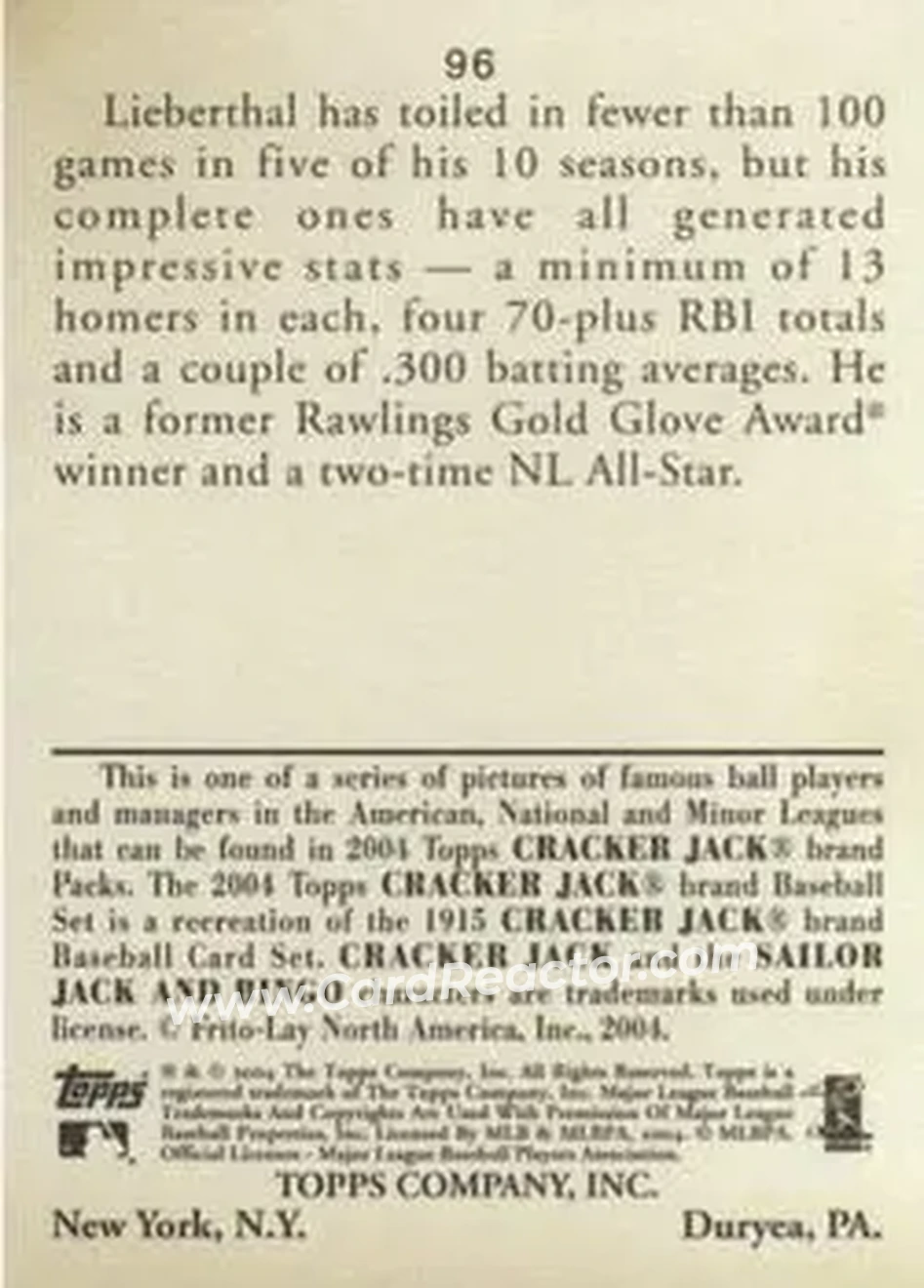 2004 Topps Cracker Jack #96 - Mike Lieberthal - Philadelphia Phillies - Back