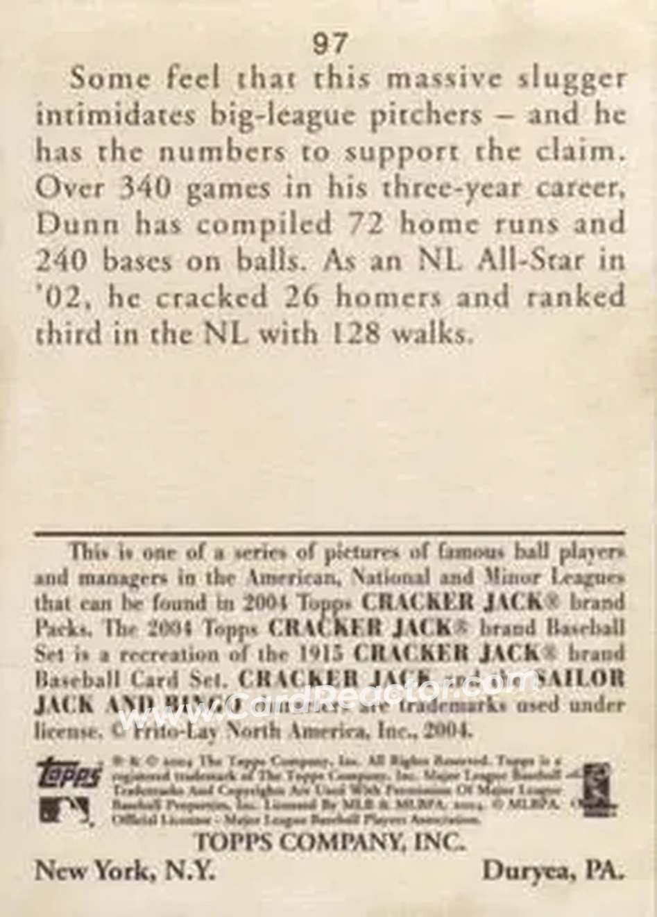 2004 Topps Cracker Jack #97 - Adam Dunn - Cincinnati Reds - Back