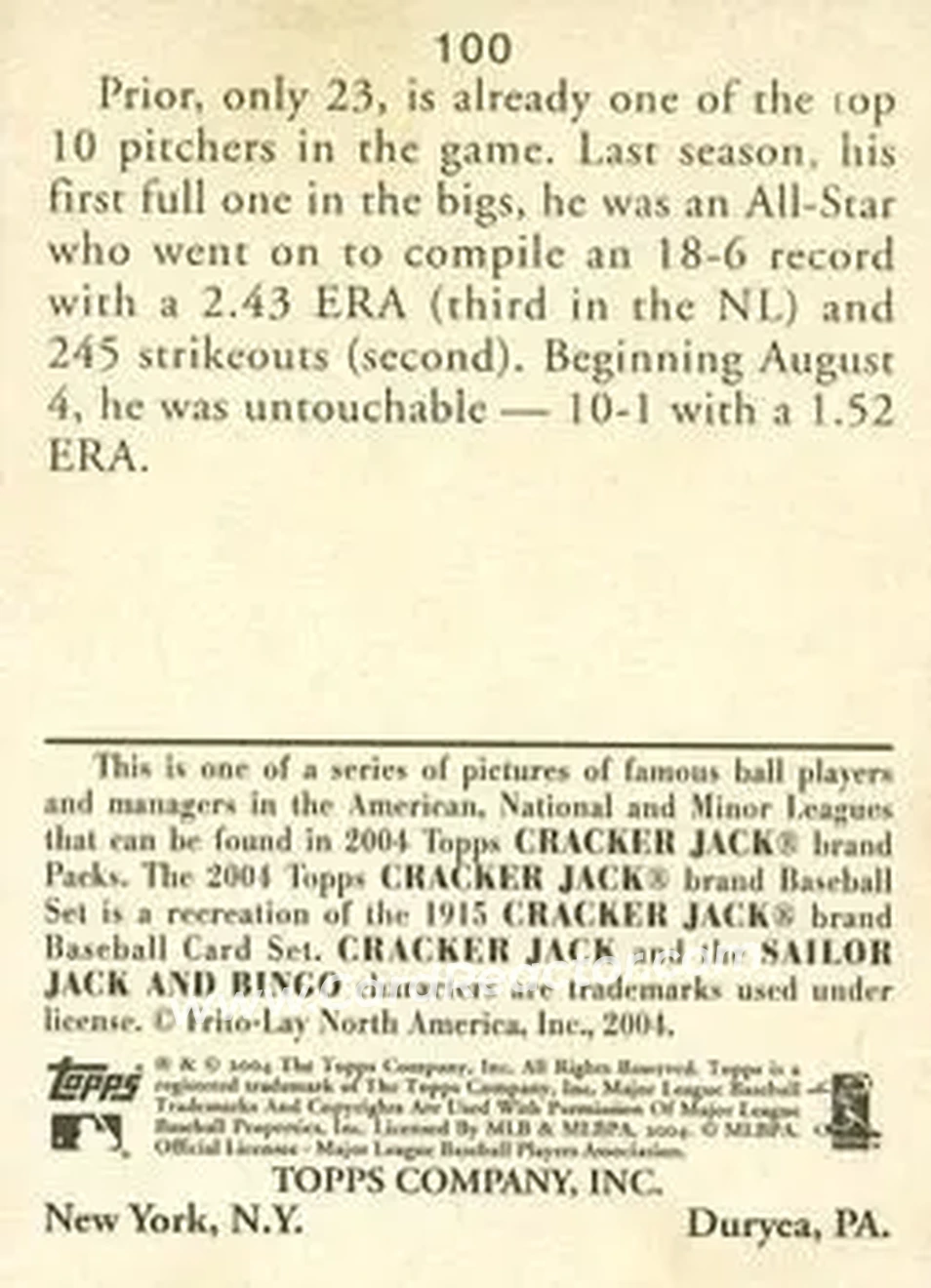 2004 Topps Cracker Jack #100 - Mark Prior - Chicago Cubs - Back
