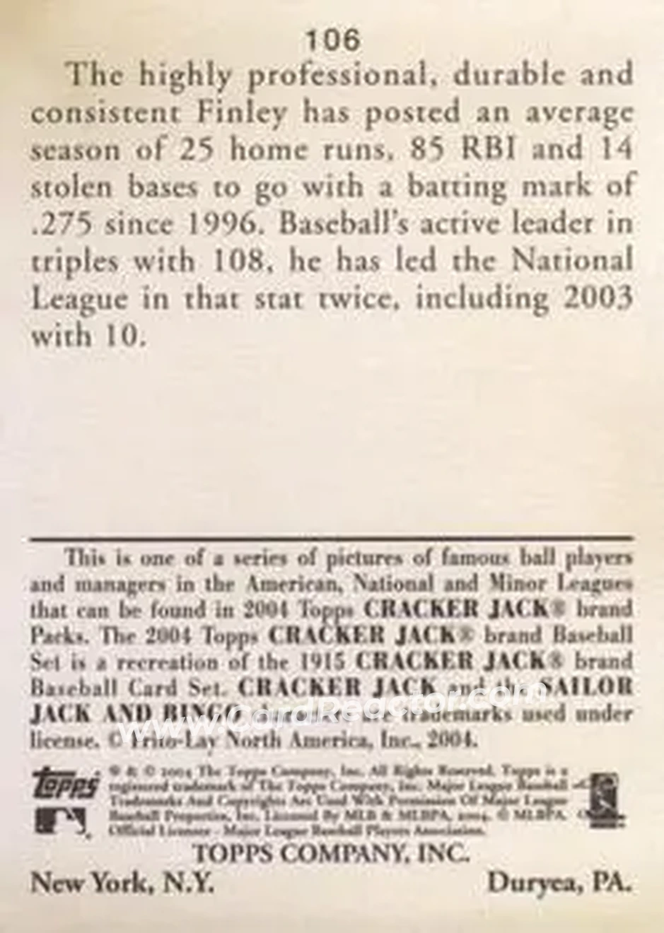 2004 Topps Cracker Jack #106 - Steve Finley - Arizona Diamondbacks - Back