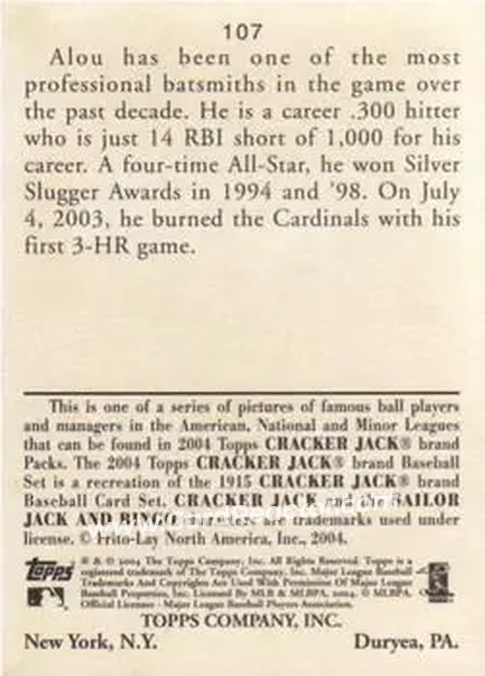 2004 Topps Cracker Jack #107 - Moises Alou - Chicago Cubs - Back