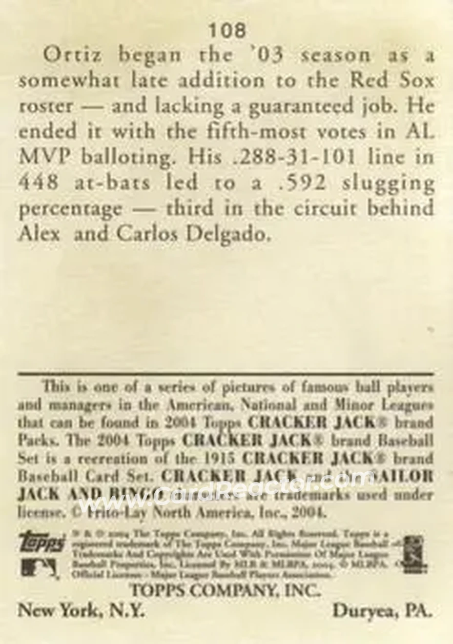 2004 Topps Cracker Jack #108 - David Ortiz - Boston Red Sox - Back