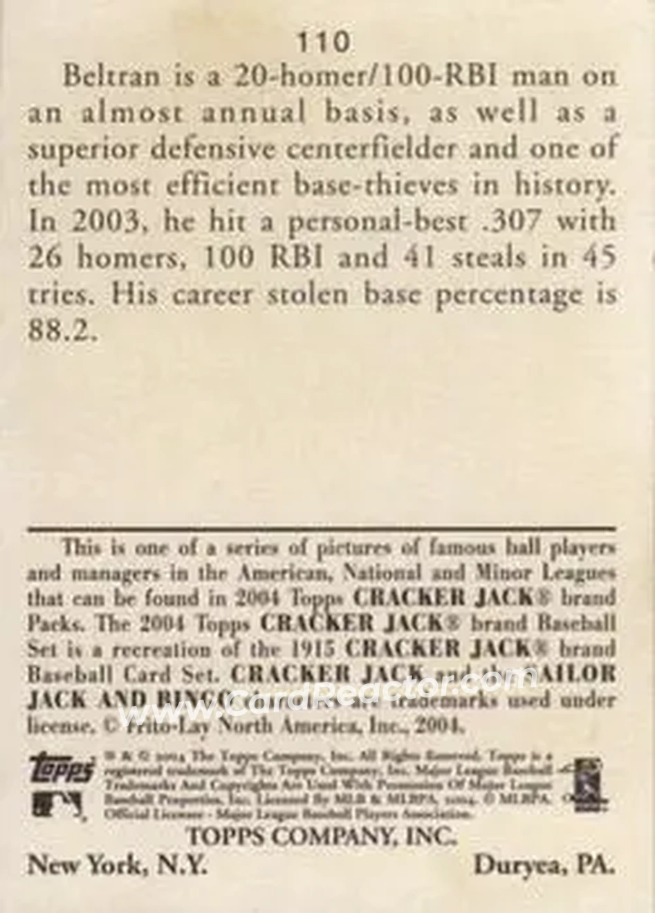 2004 Topps Cracker Jack #110 - Carlos Beltran - Kansas City Royals - Back