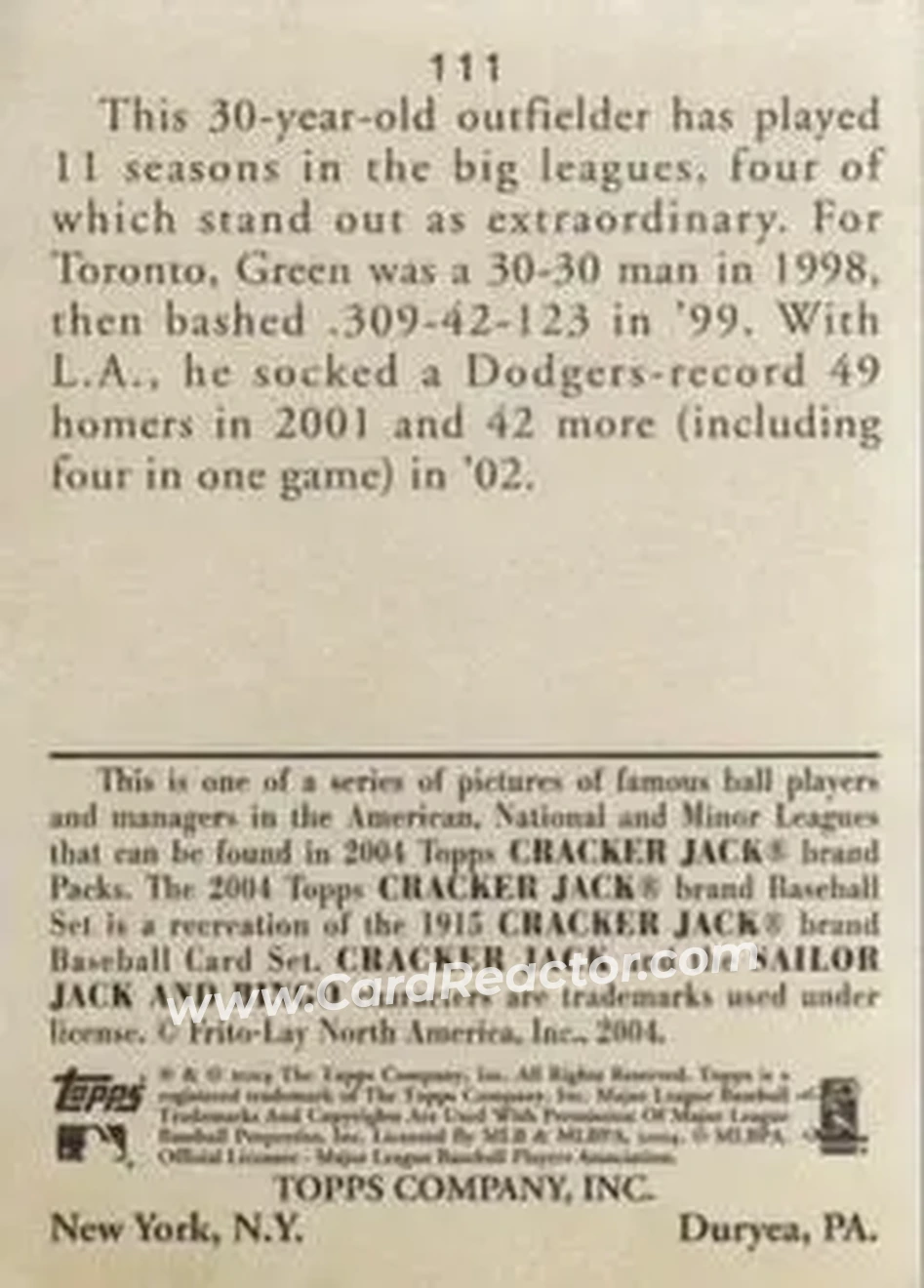 2004 Topps Cracker Jack #111 - Shawn Green - Los Angeles Dodgers - Back