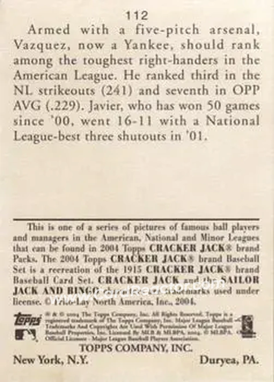 2004 Topps Cracker Jack #112 - Javier Vazquez - New York Yankees - Back