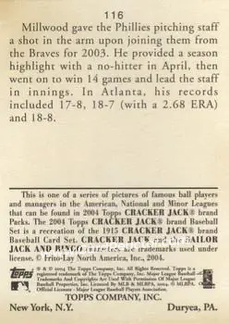 2004 Topps Cracker Jack #116 - Kevin Millwood - Philadelphia Phillies - Back