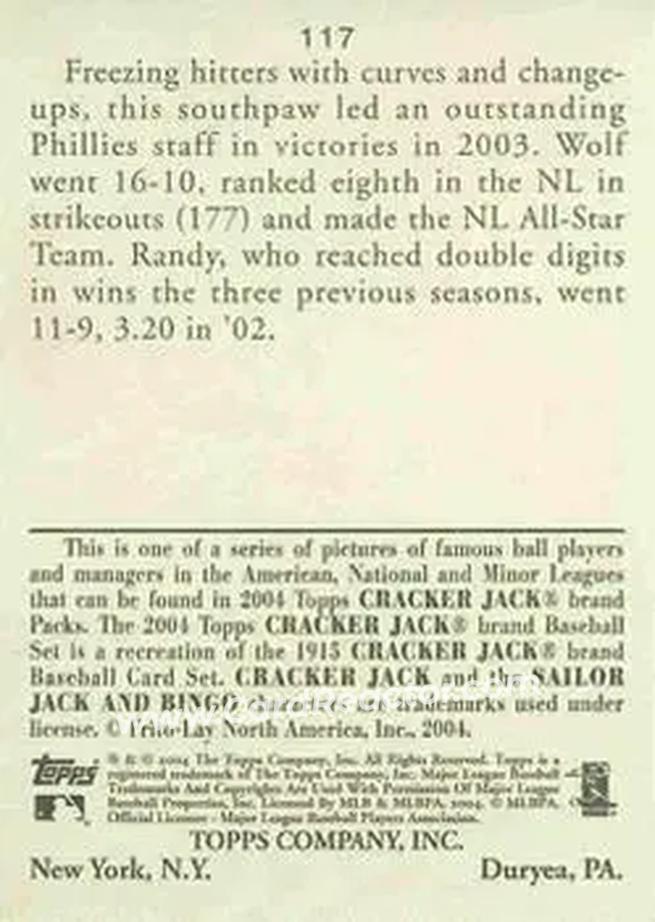 2004 Topps Cracker Jack #117 - Randy Wolf - Philadelphia Phillies - Back