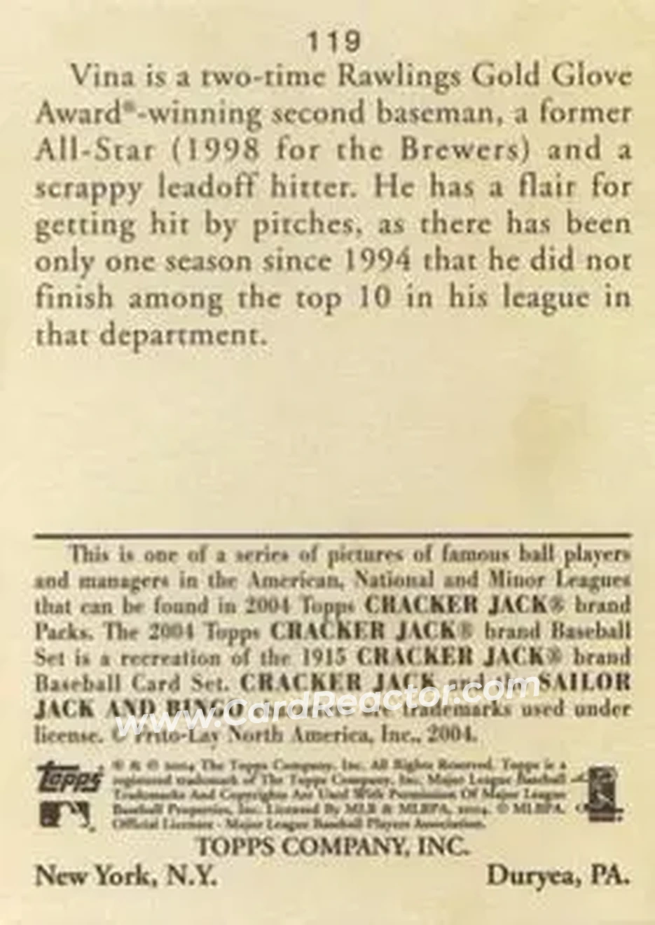 2004 Topps Cracker Jack #119 - Fernando Vina - Detroit Tigers - Back