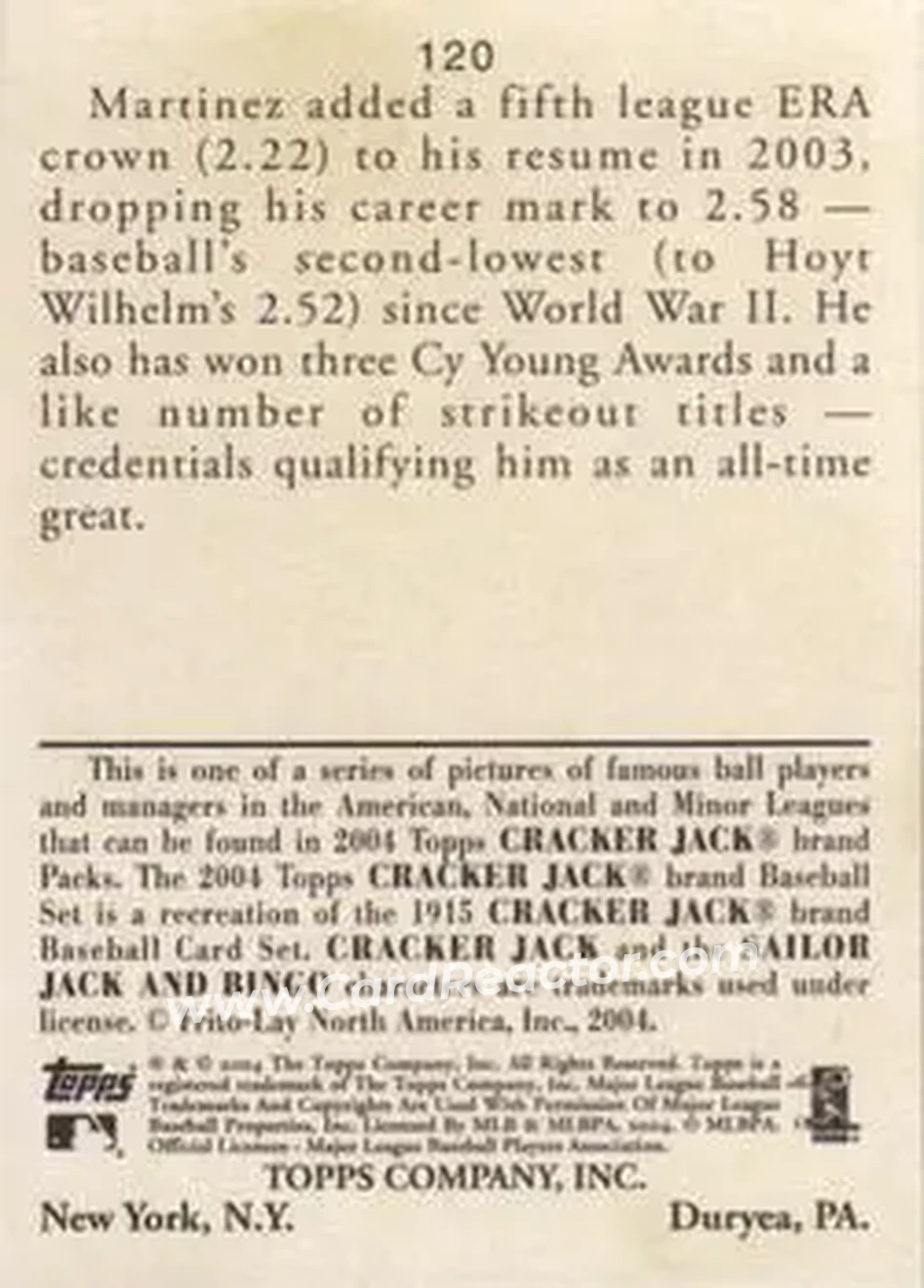 2004 Topps Cracker Jack #120 - Pedro Martinez - Boston Red Sox - Back