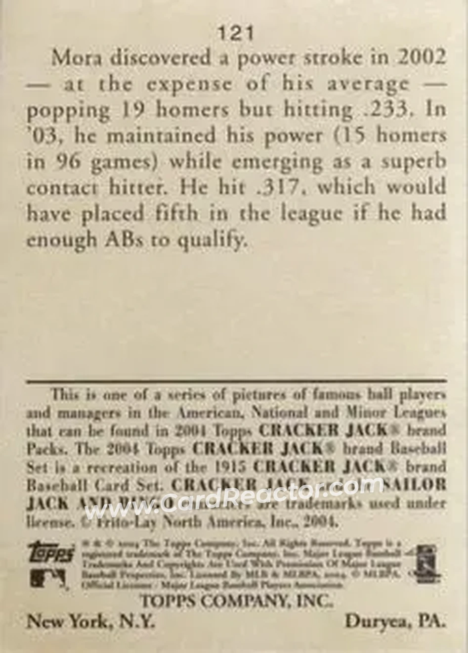 2004 Topps Cracker Jack #121 - Melvin Mora - Baltimore Orioles - Back